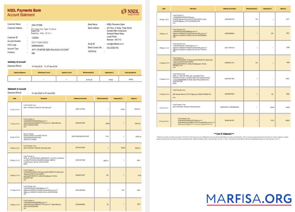 Downloadable India NSDL bank statement word example